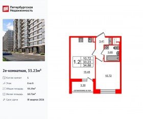 ЖК «Титул в Московском», планировка 1-комнатной квартиры, 33.23 м²