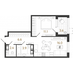 ЖК «Струны», планировка 1-комнатной квартиры, 40.00 м²