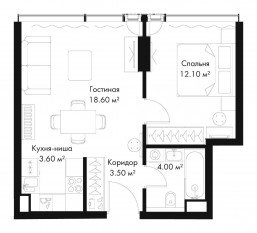 МФК «SLAVA», планировка 1-комнатной квартиры, 41.80 м²