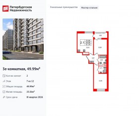 ЖК «Титул в Московском», планировка 2-комнатной квартиры, 49.99 м²