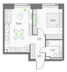 ЖК «Upside Towers», планировка 1-комнатной квартиры, 44.70 м²