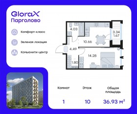 ЖК «GloraX Парголово», планировка 1-комнатной квартиры, 36.93 м²