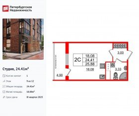 ЖК «Сенат в Московском», планировка студии, 24.41 м²