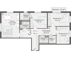 ЖК «Руднева, 15», планировка 3-комнатной квартиры, 100.20 м²