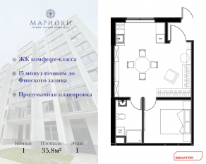 ЖК «Мариоки», планировка 1-комнатной квартиры, 35.80 м²