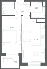 МФК «Равновесие», планировка 1-комнатной квартиры, 39.30 м²