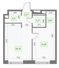 ЖК «Upside Towers», планировка 1-комнатной квартиры, 46.15 м²