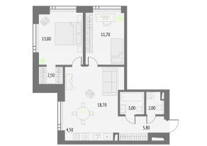 ЖК «Upside Towers», планировка 2-комнатной квартиры, 62.00 м²