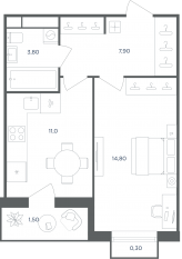 МФК «Равновесие», планировка 1-комнатной квартиры, 37.60 м²
