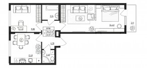 МЖК «Верево-Сити», планировка 2-комнатной квартиры, 61.87 м²