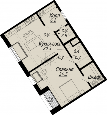 ЖК «Meltzer Hall», планировка 1-комнатной квартиры, 59.70 м²