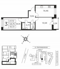 ЖК «Новый Лесснер», планировка 2-комнатной квартиры, 54.75 м²