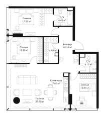 МФК «SLAVA», планировка 3-комнатной квартиры, 100.60 м²