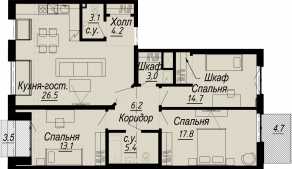 ЖК «Meltzer Hall», планировка 3-комнатной квартиры, 96.50 м²