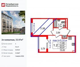 МЖК «Дворцовый фасад», планировка 1-комнатной квартиры, 33.97 м²