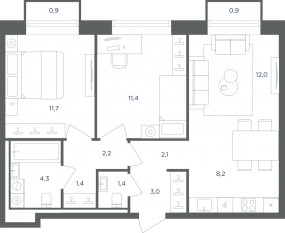 МФК «Равновесие», планировка 3-комнатной квартиры, 58.30 м²