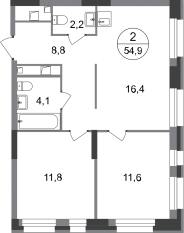 ЖК «Первый Московский», планировка 2-комнатной квартиры, 54.90 м²