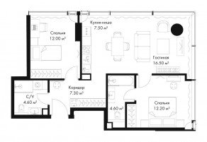 МФК «SLAVA», планировка 2-комнатной квартиры, 64.70 м²