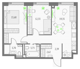 ЖК «Upside Towers», планировка 2-комнатной квартиры, 63.35 м²