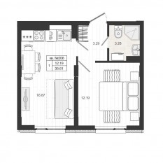 МЖК «Верево-Сити», планировка 1-комнатной квартиры, 35.70 м²