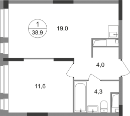 ЖК «Первый Московский», планировка 1-комнатной квартиры, 38.90 м²