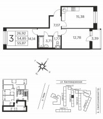 ЖК «Новый Лесснер», планировка 2-комнатной квартиры, 54.85 м²