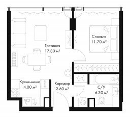 МФК «SLAVA», планировка 1-комнатной квартиры, 42.40 м²