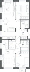 МФК «Равновесие», планировка 3-комнатной квартиры, 89.20 м²