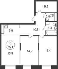 ЖК «Первый Московский», планировка 3-комнатной квартиры, 75.10 м²