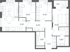 МФК «Равновесие», планировка 4-комнатной квартиры, 71.70 м²