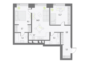 ЖК «Upside Towers», планировка 2-комнатной квартиры, 67.40 м²