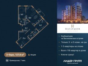 ЖК «Нахимов», планировка 3-комнатной квартиры, 127.80 м²