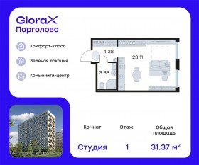 ЖК «GloraX Парголово», планировка студии, 31.37 м²