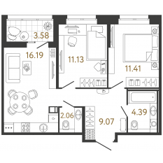 ЖК «Ultra City 3.0», планировка 2-комнатной квартиры, 54.25 м²