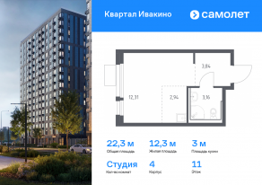 ЖК «Квартал Ивакино», планировка студии, 22.25 м²