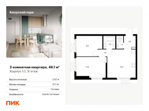ЖК «Амурский парк», планировка 2-комнатной квартиры, 46.10 м²