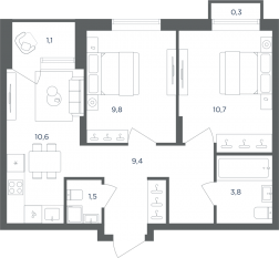 МФК «Равновесие», планировка 2-комнатной квартиры, 47.10 м²