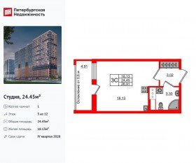 ЖК «Город звезд», планировка студии, 24.45 м²