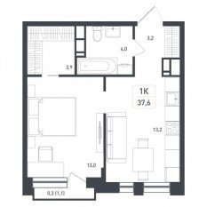 ЖК «Новая Щербинка», планировка 1-комнатной квартиры, 37.60 м²