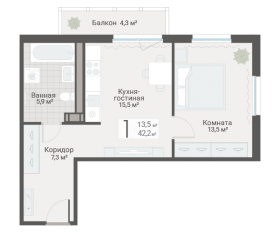 ЖК «Руднева, 15», планировка 1-комнатной квартиры, 42.20 м²