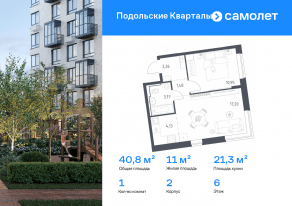 ЖК «Подольские Кварталы», планировка 1-комнатной квартиры, 40.79 м²