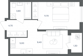 МФК «Равновесие», планировка 2-комнатной квартиры, 34.30 м²