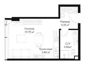 МФК «SLAVA», планировка студии, 33.80 м²