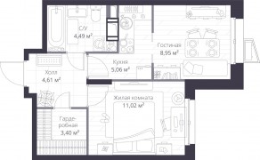 ЖК «Veren Nort сертолово», планировка 1-комнатной квартиры, 37.53 м²