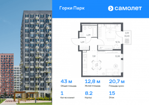 ЖК «Горки Парк», планировка 1-комнатной квартиры, 42.98 м²