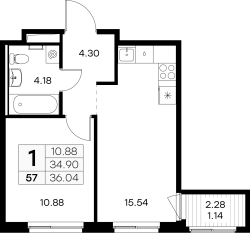 ЖК «GloraX Новоселье», планировка 1-комнатной квартиры, 36.04 м²