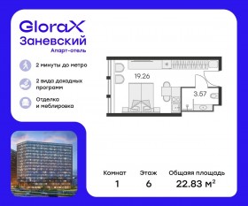 Апарт-комплекс «GloraX Заневский», планировка студии, 22.00 м²