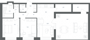 МФК «Равновесие», планировка 3-комнатной квартиры, 75.10 м²