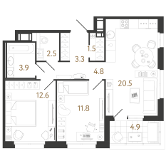 ЖК «Литера», планировка 2-комнатной квартиры, 60.90 м²