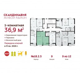 ЖК «Скандинавия», планировка 1-комнатной квартиры, 36.90 м²